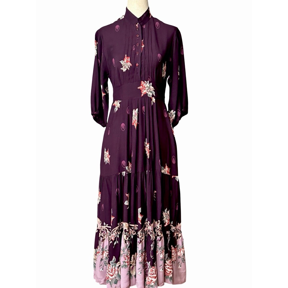 Ragtime Cottagecore Prairie Midi Dress Sz Small Burgundy Floral Boho Peasant